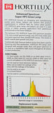 A printed informational card for EY Hortilux Enhanced Spectrum Super HPS Grow Lamps, showing product details, usage directions, a replacement range chart, and a small schematic diagram on a white background with a red header.