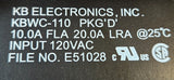 Close-up of a black KB Electronics, Inc. power supply label showing model KBWC-110 and technical specifications in white text.