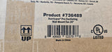 Close-up of a cardboard shipping box label showing product information for Hurricane Pro Oscillating Wall Mount Fan 20". Visible text includes Product #736489, a barcode, UL Listed logo, UP mark, and manufacturing location in China.