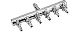 A polished stainless steel multi-port aquarium or aquaculture filter bar with six angled ports and a central vertical tube, shown on a white background with three smaller product detail panels below.