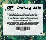 Label of GrowPharm Potting Mix bag showing product details and barcode.