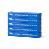 Stack of blue boxes containing sterile disposable scalpels on a white background