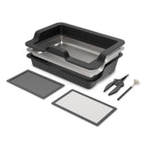 A set of interchangeable plant trimming trays including a high-wall trim tray, a sorting tray, sifter screens, lower collection bins, pruning shears, and a cleaning brush laid out on a white background.