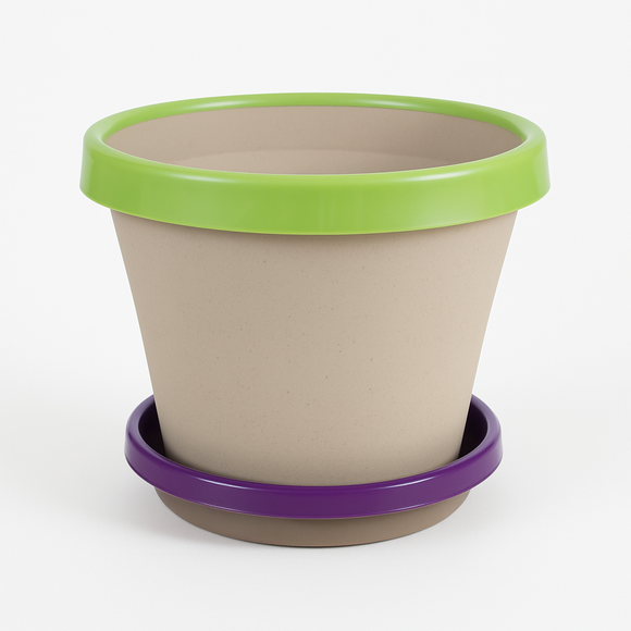 Beige planter with green rim and purple base on a white background