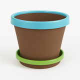 Brown flower pot with blue rim and green saucer on a white background