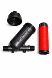Black and red plumbing components on a white background