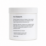 A white plastic jar of Iron Chelate 6% with a white ribbed screw cap, shown on a clean white background. The front label features black text detailing general usage, dosage instructions for aquariums, and guaranteed minimum analysis.