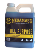 A plastic bottle of Mega Mass All Purpose 4-4-4 Liquid Fertilizer with a label showing the product name and nutrient ratio. This is perfect for use in hydroponics provided you understand how to pH the water.