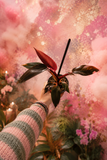 Hand holding a potted plant against a pink and gold blurred background