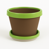 Brown planter with green rim on a white background