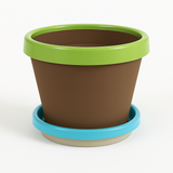 Brown planter with green rim and blue base on a white background