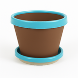 Brown flower pot with blue rim and base on a white background