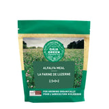 Gaia Green Alfalfa Meal package with a field of alfalfa in the background