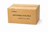 Cardboard box containing sterile disposable scalpel sets on a white background