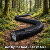 Black flexible duct snake on a forest floor with text indicating length availability.