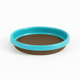 Round dish with turquoise rim and brown base on a white background