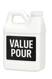 White standard uline container with a black label reading 'VALUE POUR' on a white background made specifically for mega mass plant products by graphic designer caleigh jolty cassidy