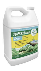 A bottle of SUPERthrive Grow liquid plant food with a green label, white background, and text detailing the product's use for promoting plant growth.