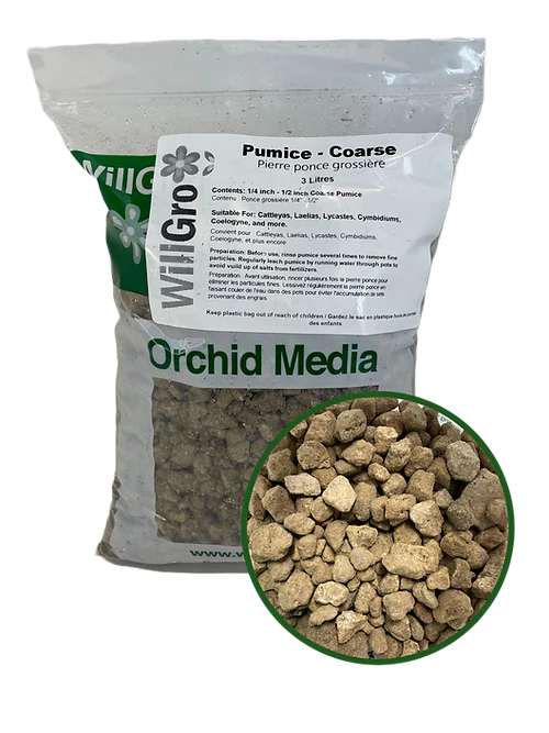 A package of WillGrow Pumice orchid media alongside a close-up view of the pumice soil mix.