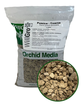 A package of WillGrow Pumice orchid media alongside a close-up view of the pumice soil mix.